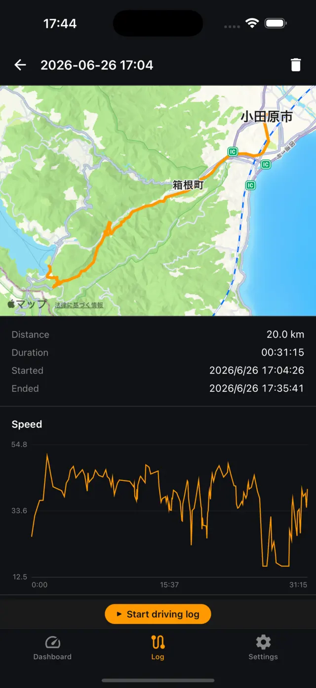 The driving log list screen